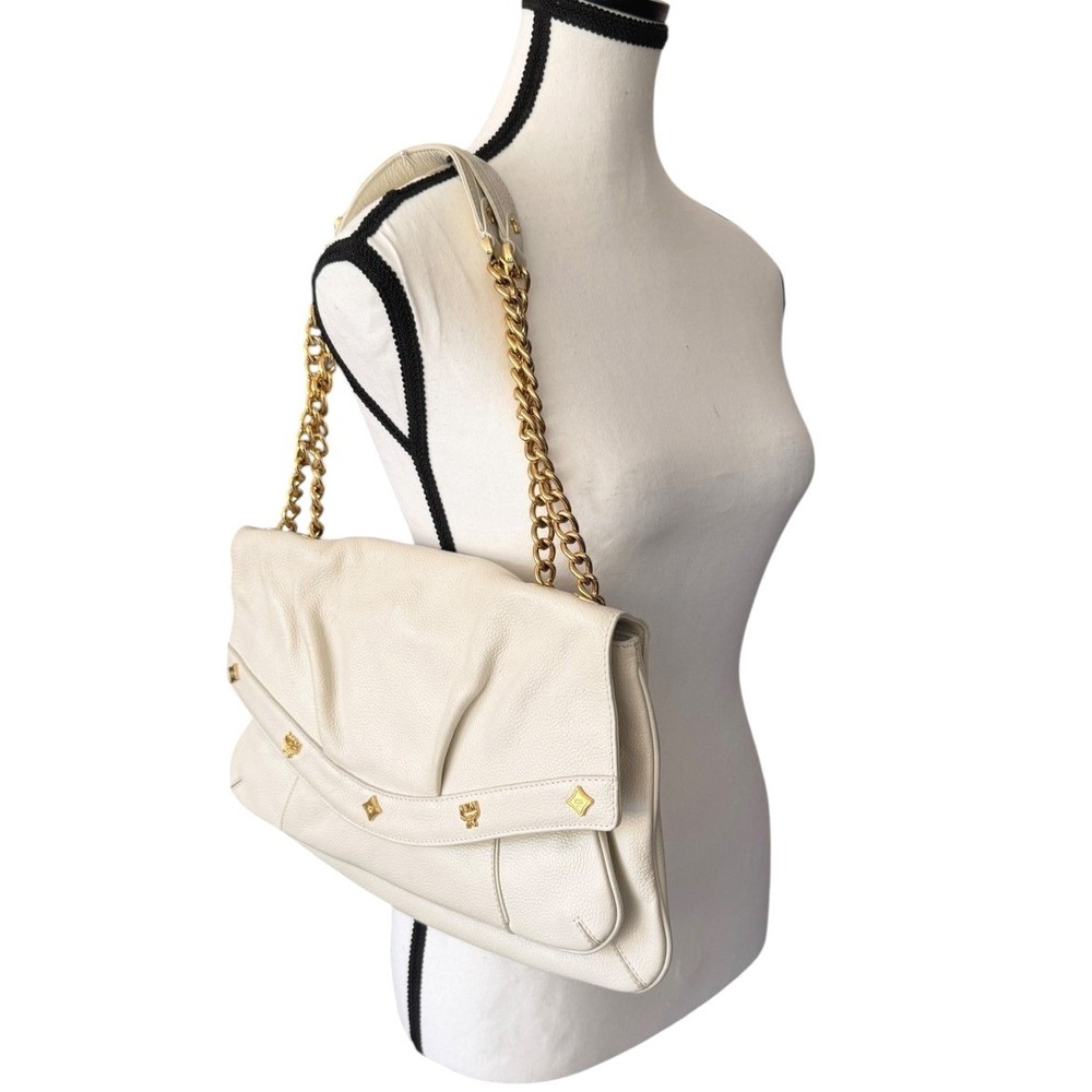 MCM White Pebbled Leather Flap Bag Gold Chain Shoulder Purse Kiss Lock - Picture 3 of 12